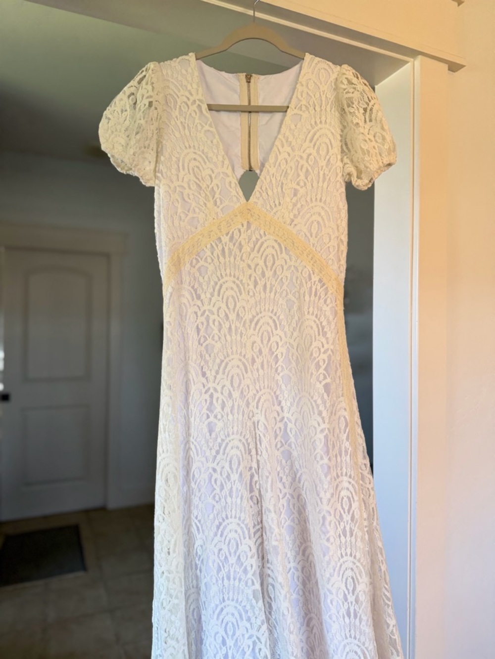 Joyfolie Ivory Lace Maxi Dress with Puff Sleeves